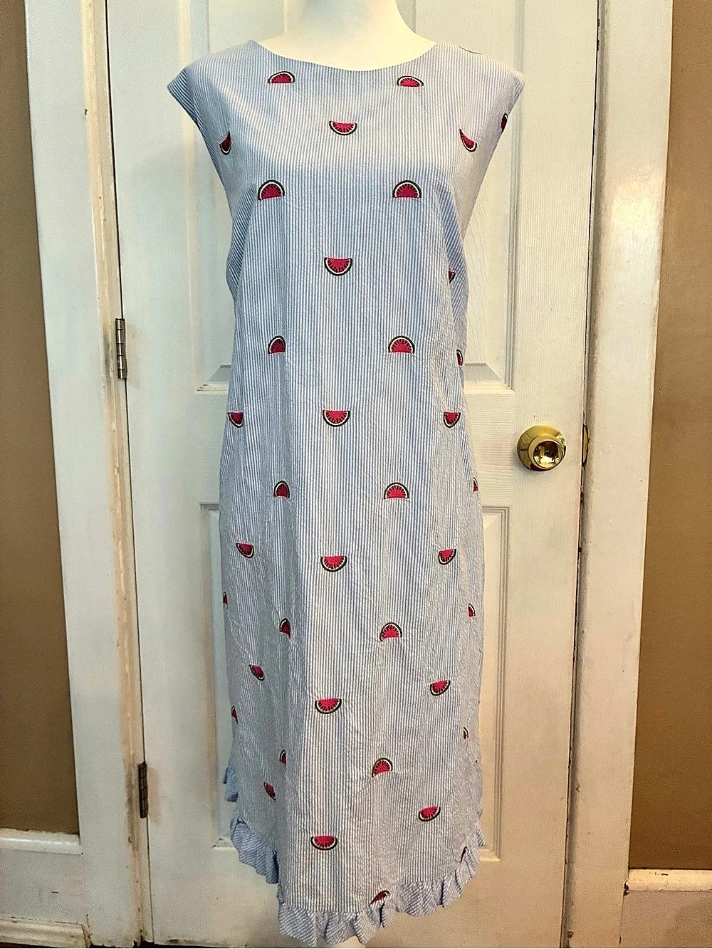 Talbots Woman Watermelon Embroidered Seersucker Shift Dress Blue White 20W